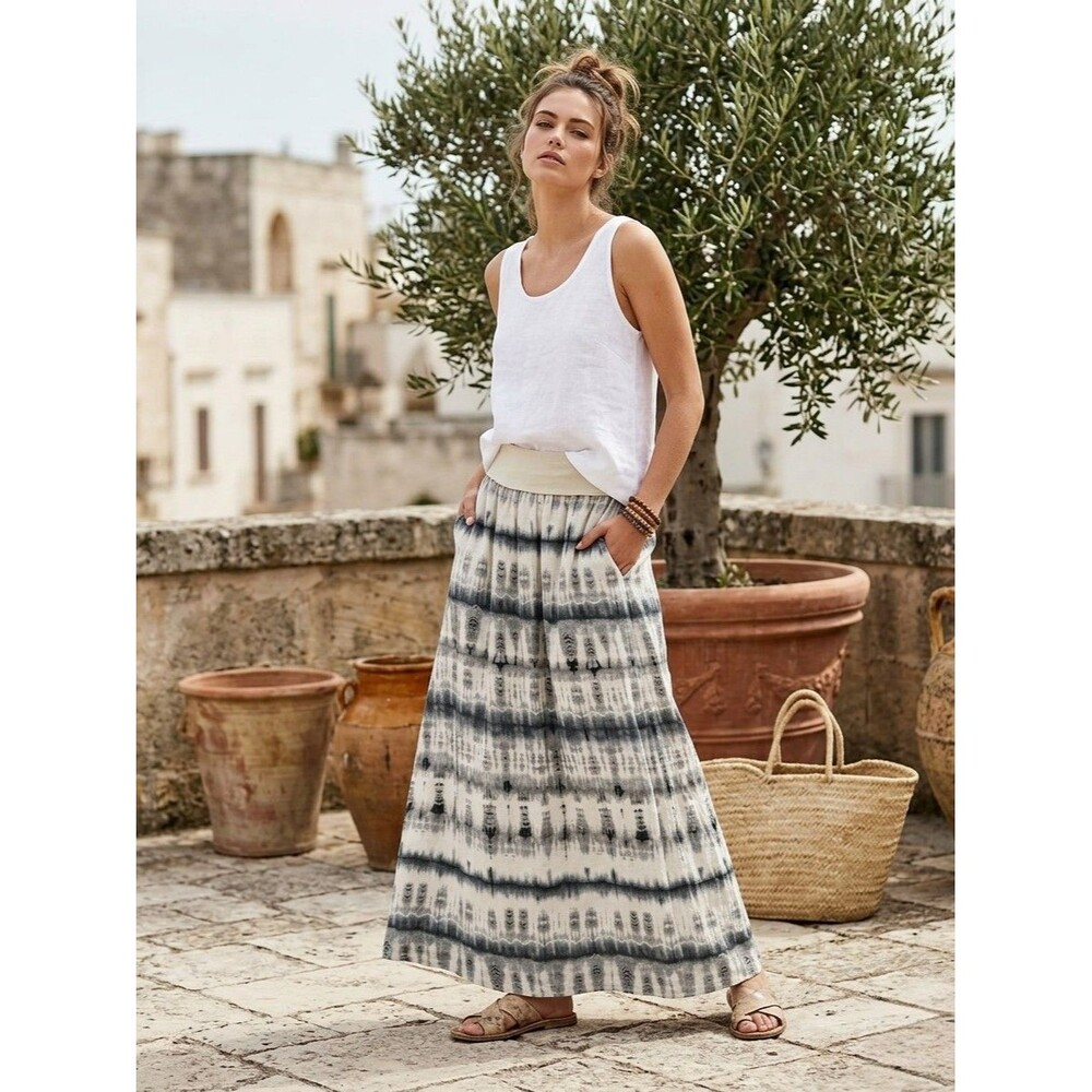 Bryn Walker Women's Shibori Tie Dye Linen Maxi Skirt sz S Gray Beige Hippie BOHO